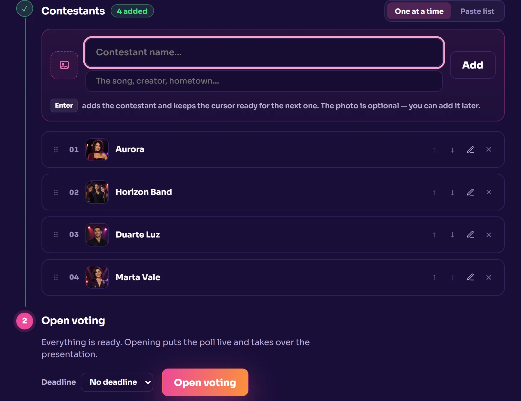The organizer dashboard with four contestants — Aurora, Horizon Band, Duarte Luz, and Marta Vale — and the next step in view: “Open voting”.