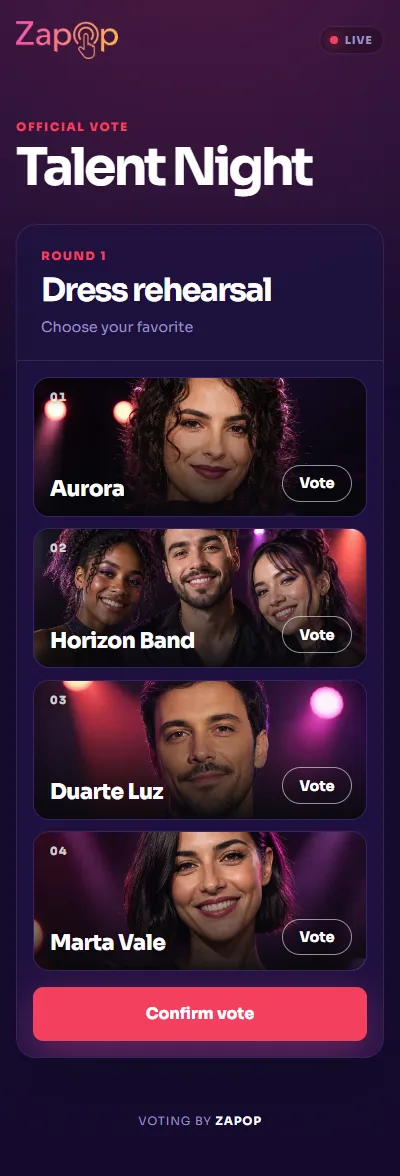 The ballot on a voter's phone: the event name, current round, and four contestants, each with a Vote button.