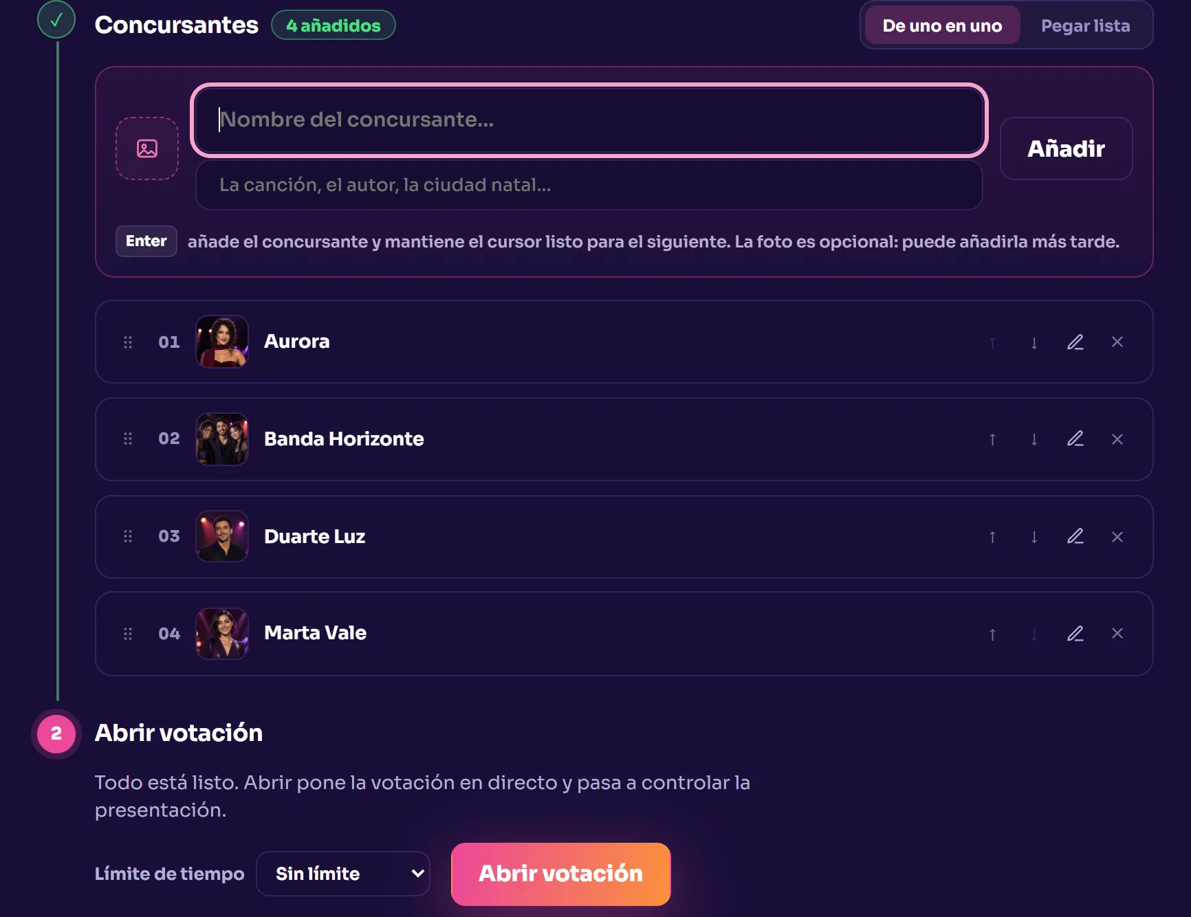 El panel del organizador con cuatro participantes inscritos (Aurora, Banda Horizonte, Duarte Luz y Marta Vale) y el siguiente paso a la vista: «Abrir votación».