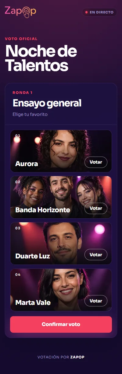 La papeleta en el móvil de quien vota: el nombre del evento, la ronda en curso y los cuatro participantes, cada uno con un botón «Votar».