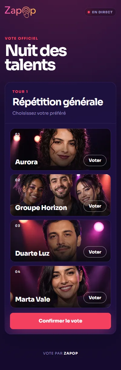 Le bulletin de vote sur le téléphone d'un participant : le nom de l'événement, le tour en cours et quatre candidats, chacun avec un bouton Voter.