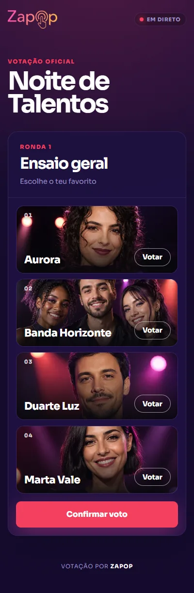 O boletim no telemóvel de quem vota: o nome do evento, a ronda em curso e os quatro concorrentes com um botão «Votar» em cada.